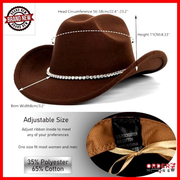 Felt Fedora Cowboy Hat with Rhinestone Decor, Adjustable Fit, Wide Brim main image 5